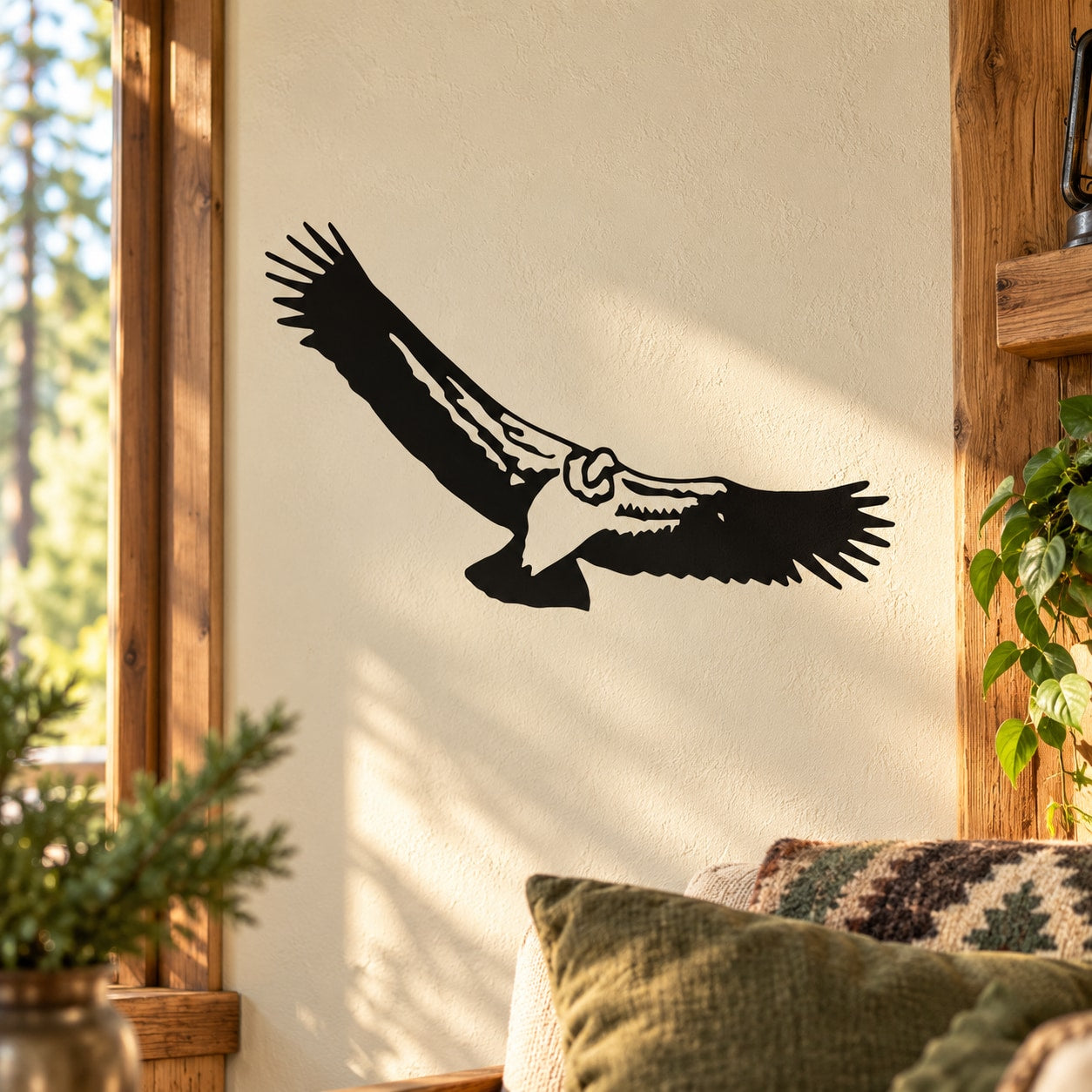 Black hawk wall decal with wings spread, perched on a branch