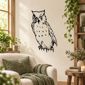 Watching owl vinyl wall decal with black outline and speckled details