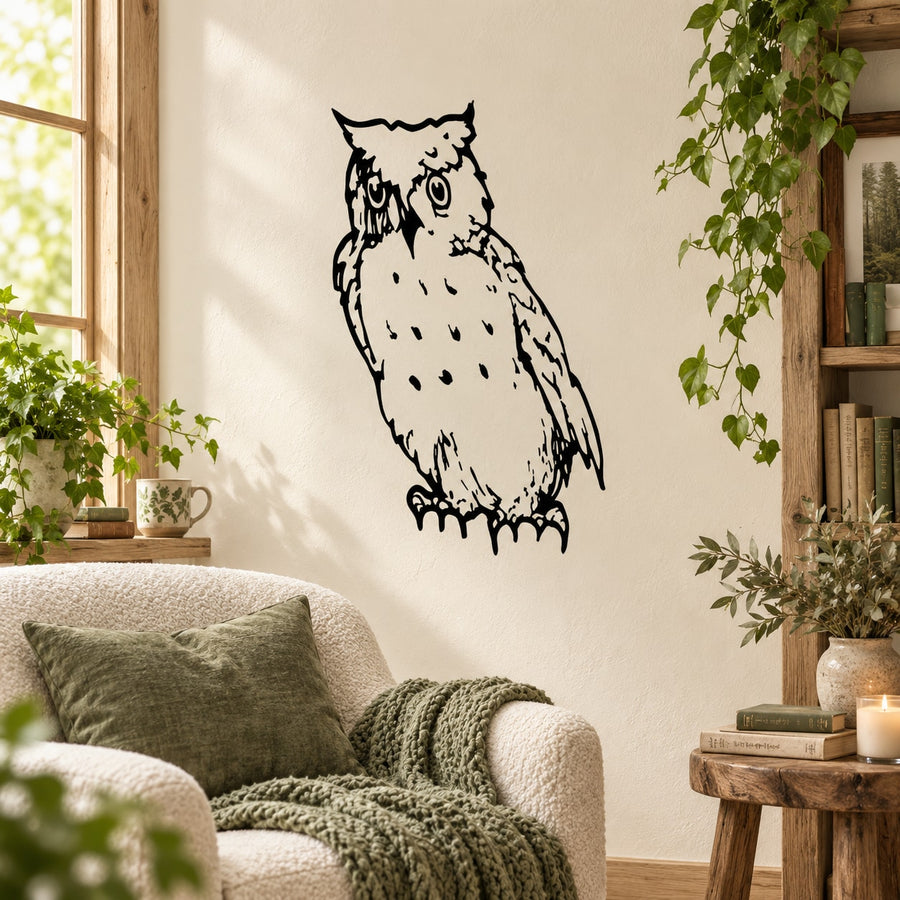 Watching owl vinyl wall decal with black outline and speckled details