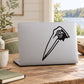Heron head vinyl decal with black line art on light laptop lid
