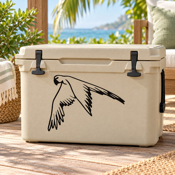 Light-colored cooler with black flying parrot decal on front