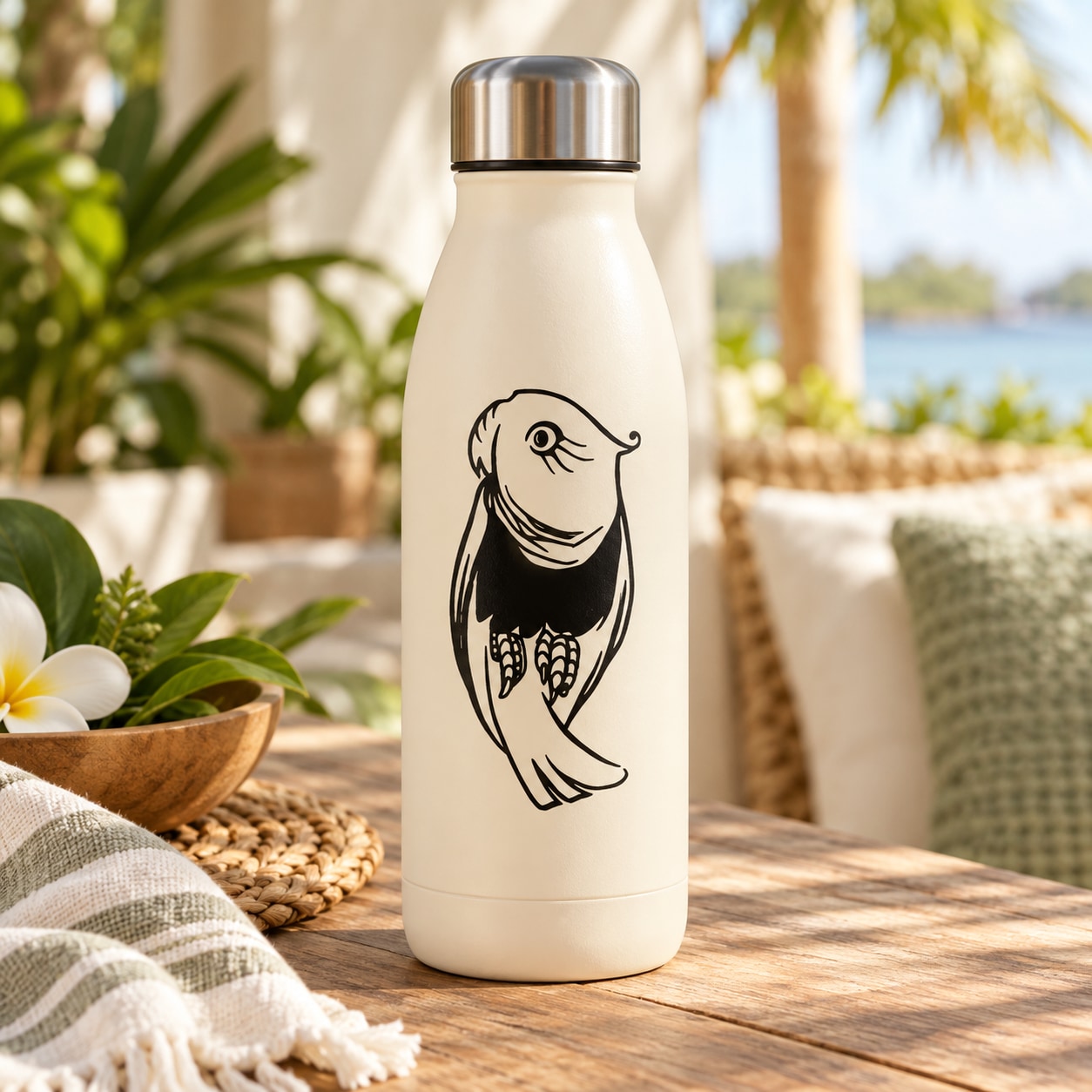 Parrot decal on a white bottle with black bird illustration and metal lid