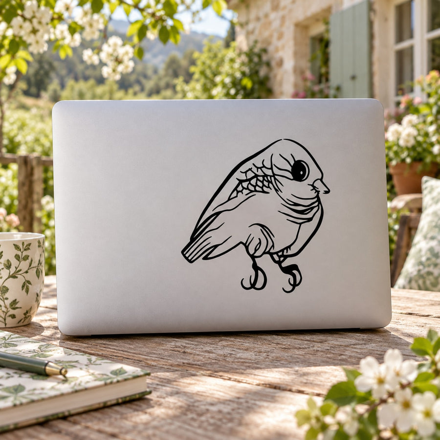Black line-art bird decal with small feet, shown on a light-colored surface