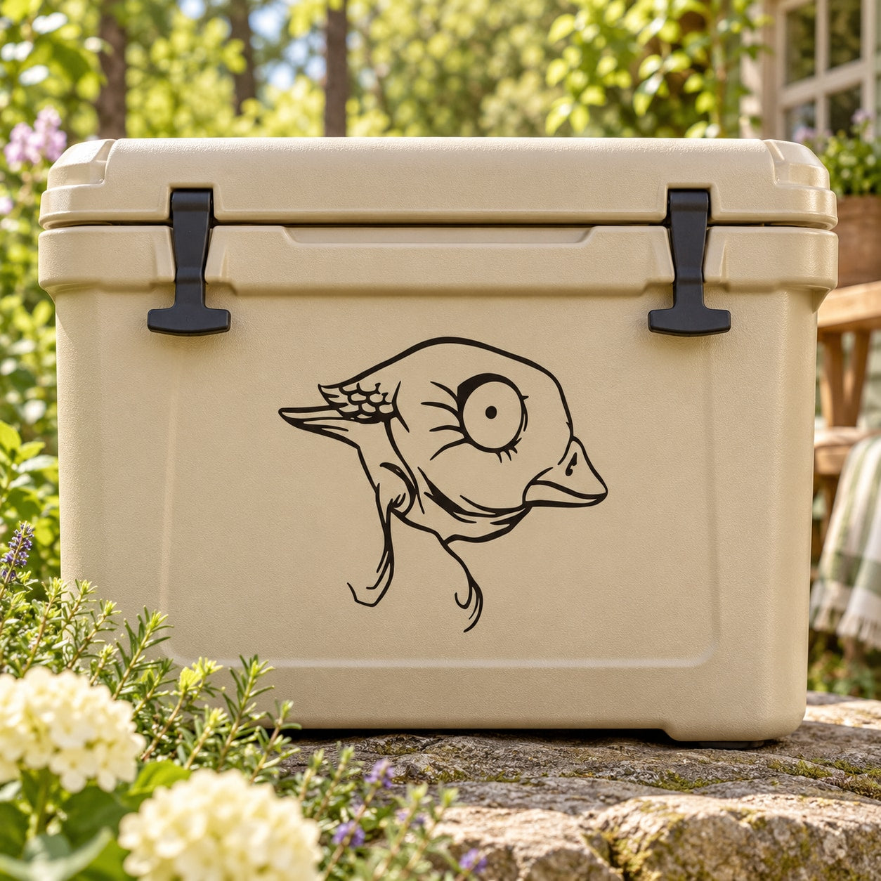 Black line-art bird decal on beige cooler lid