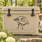 Black line-art bird decal on beige cooler lid