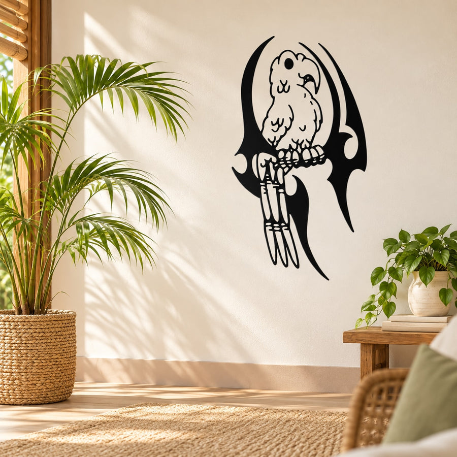 Black parrot wall decal with fierce face and wings spread