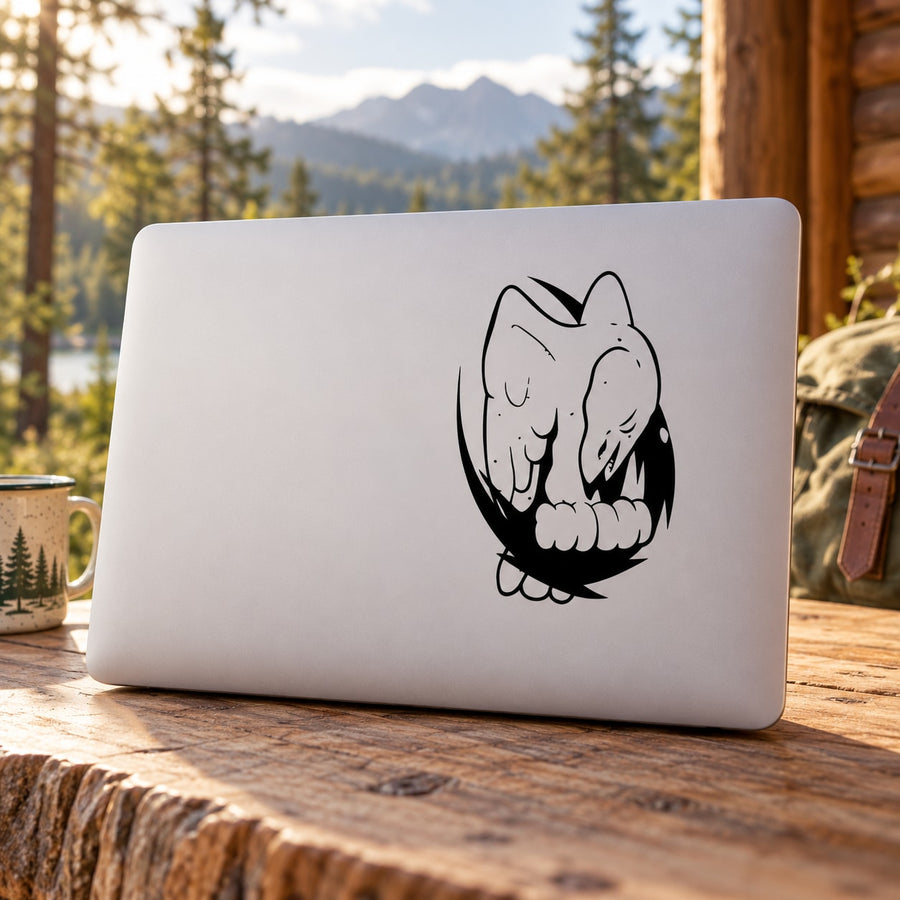 Black eagle head decal with razor swoop lines on white rectangular surface