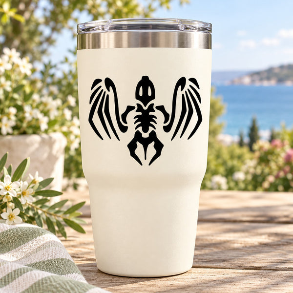 Bird skeleton decal: black winged skeleton graphic on white background