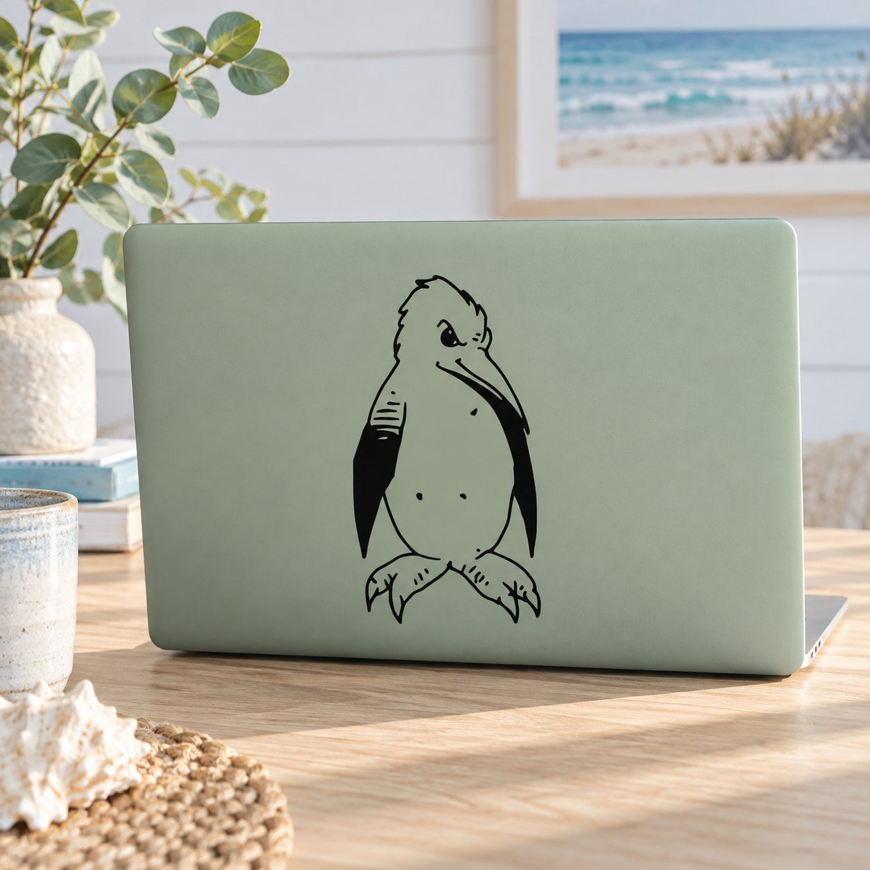 Green laptop with black and white mischievous penguin decal