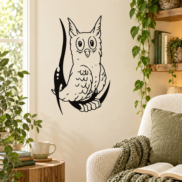 Surprised owl wall decal, black and white line art owl with wide eyes