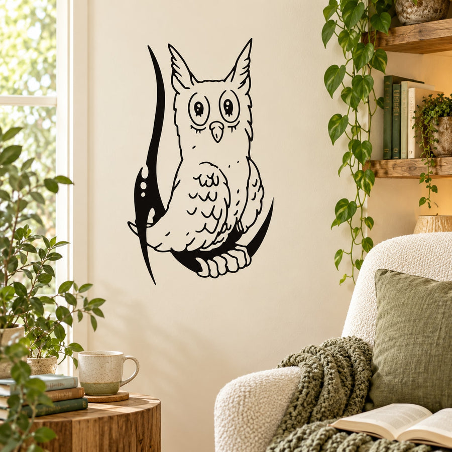Surprised owl wall decal, black and white line art owl with wide eyes