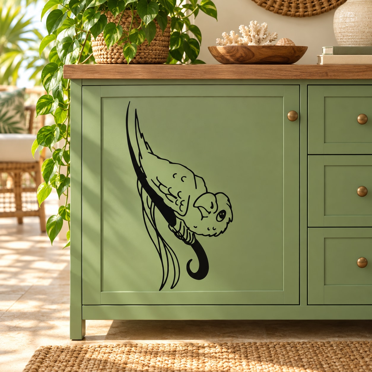 Parrot on vine wall decal, black line drawing for cabinet or wall