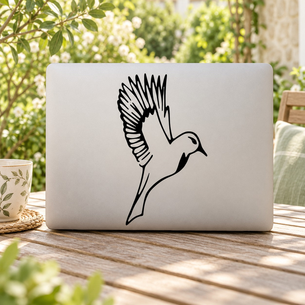 Black flapping hummingbird line-art decal for windows, walls, or laptops