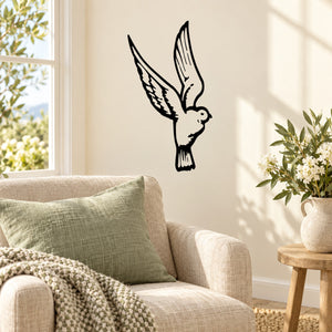 Dove wing-flapping wall decal, black bird silhouette with spread wings