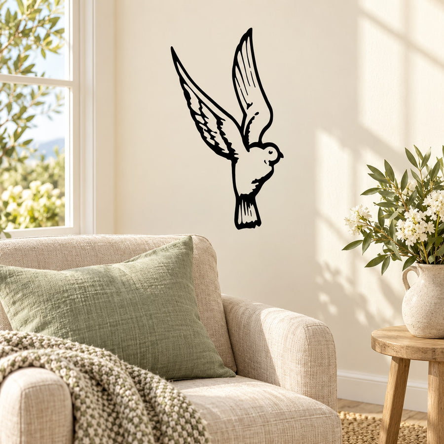 Dove wing-flapping wall decal, black bird silhouette with spread wings