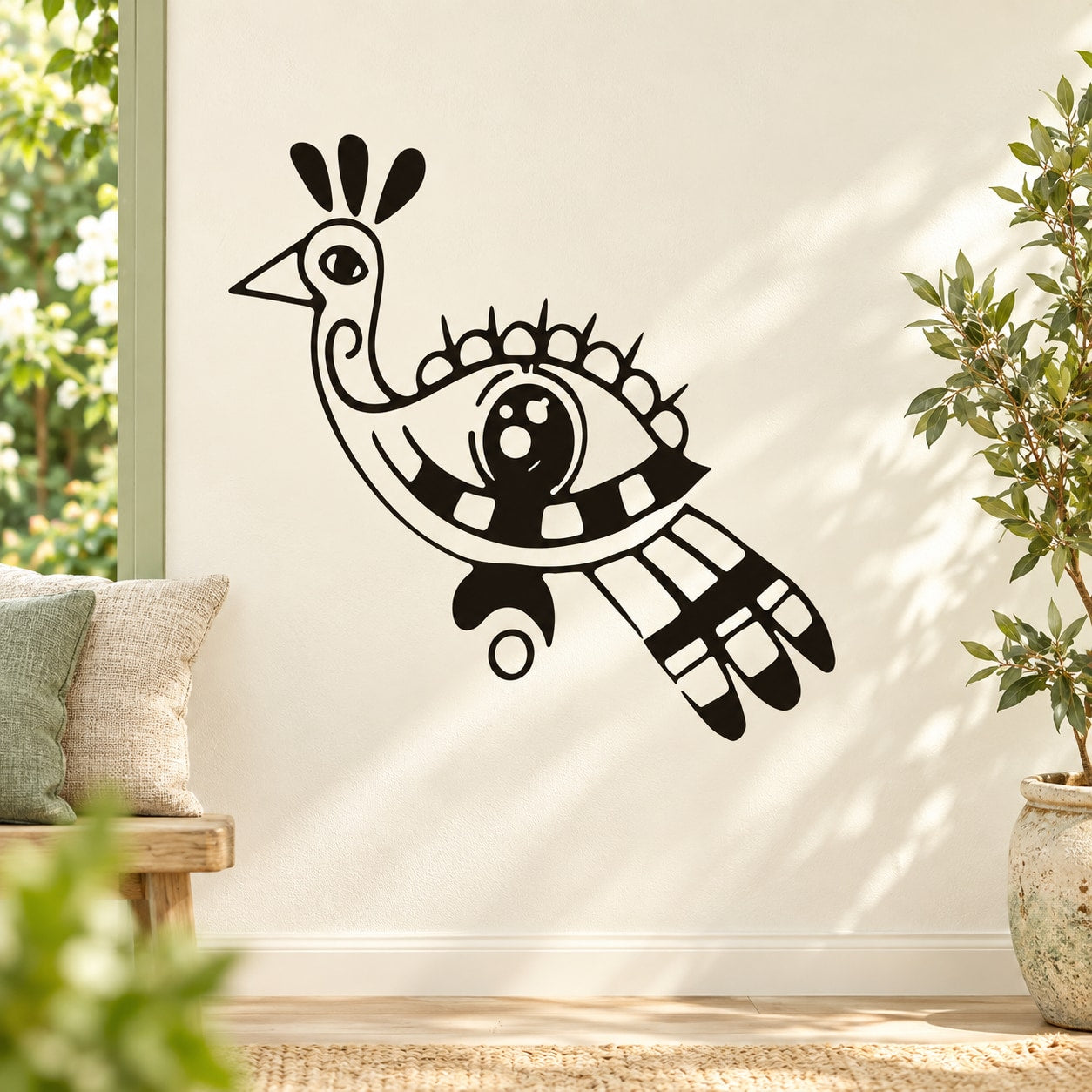 Black abstract peacock eye wall decal with stylized bird outline