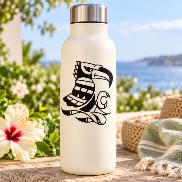 White bottle with black Hawaiian toucan decal graphic