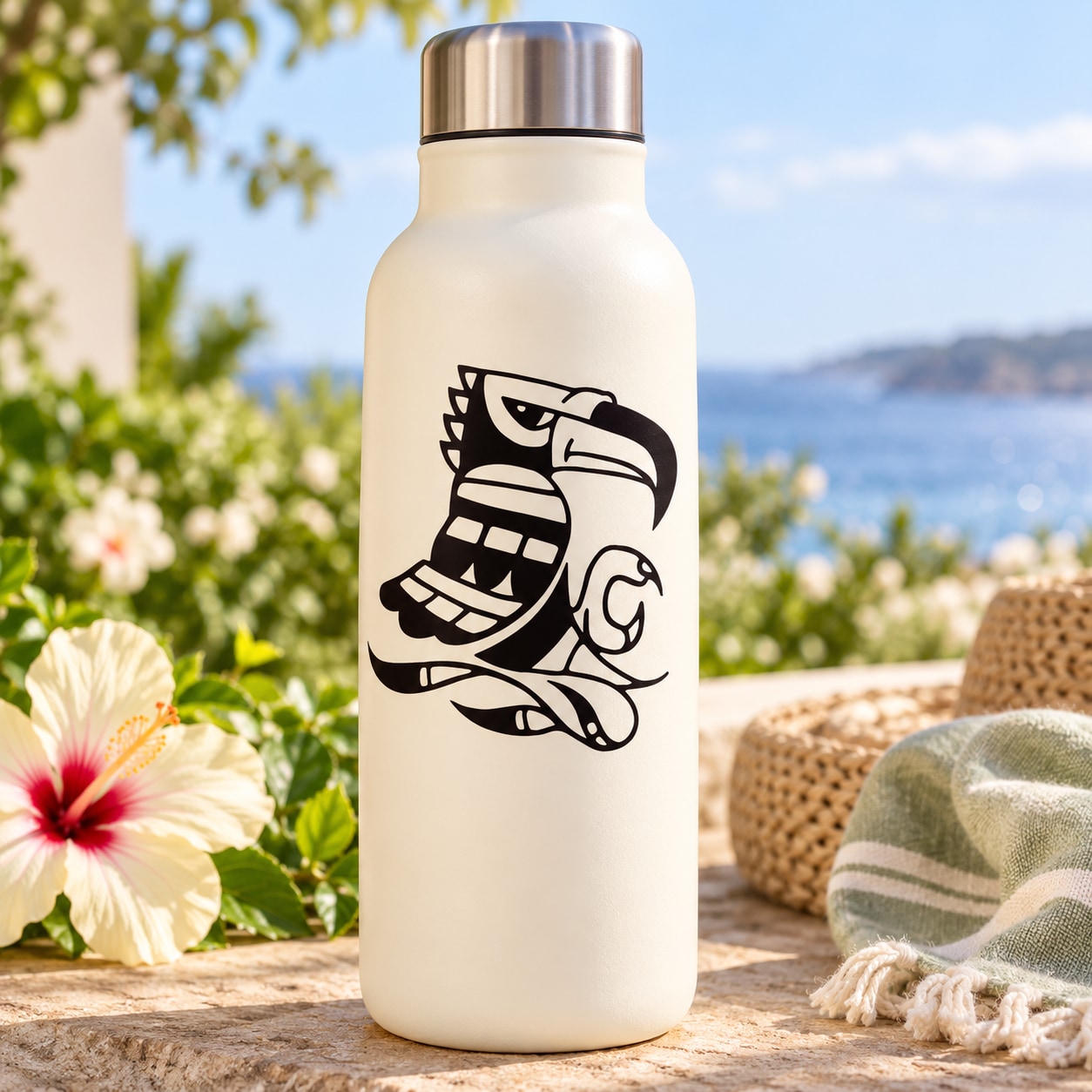 White bottle with black Hawaiian toucan decal graphic