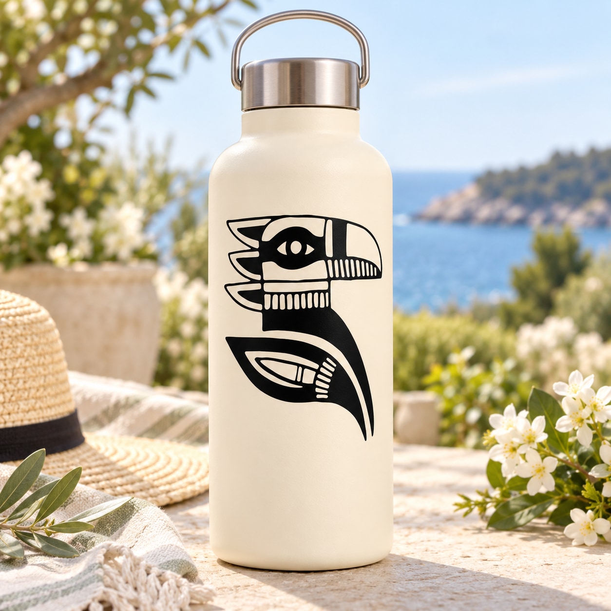 Black eagle head graphic decal on a white bottle