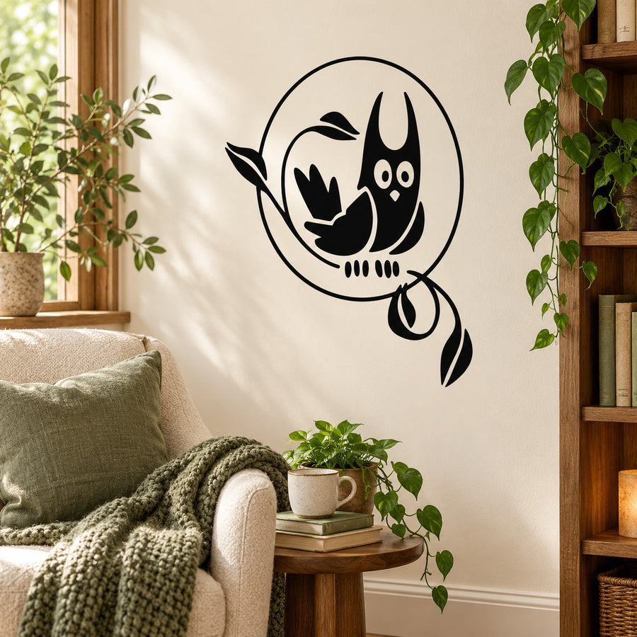 Black owl and moon wall decal in circular outline with branch
