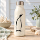 White water bottle with black penguin decal looking off
