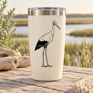 Stork bird decal with black line-art on a white tumbler