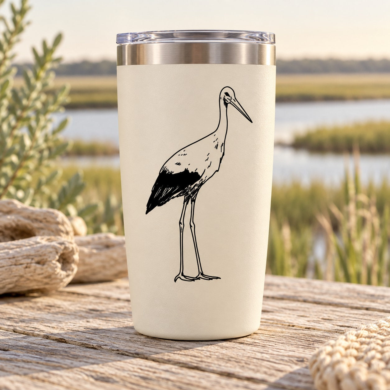 Stork bird decal with black line-art on a white tumbler