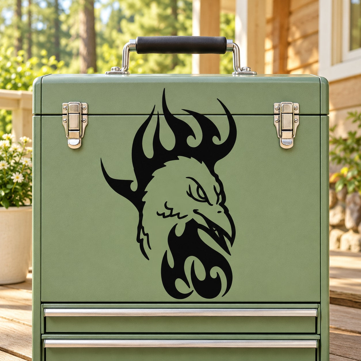 Black flame bird head decal on a green metal toolbox