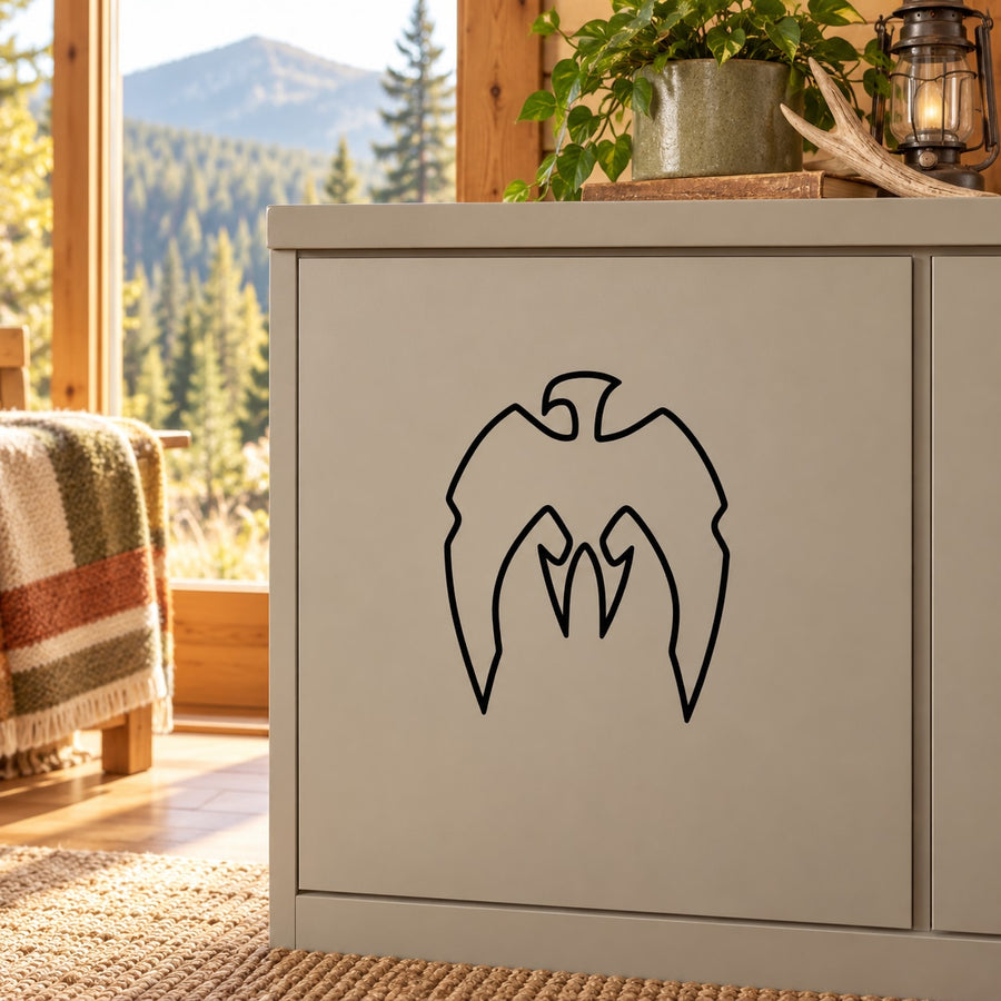 Black minimalist eagle outline wall decal on light panel, square design.