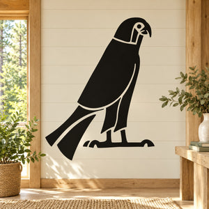 Horus falcon wall decal, black bird silhouette with wings spread and beak detail