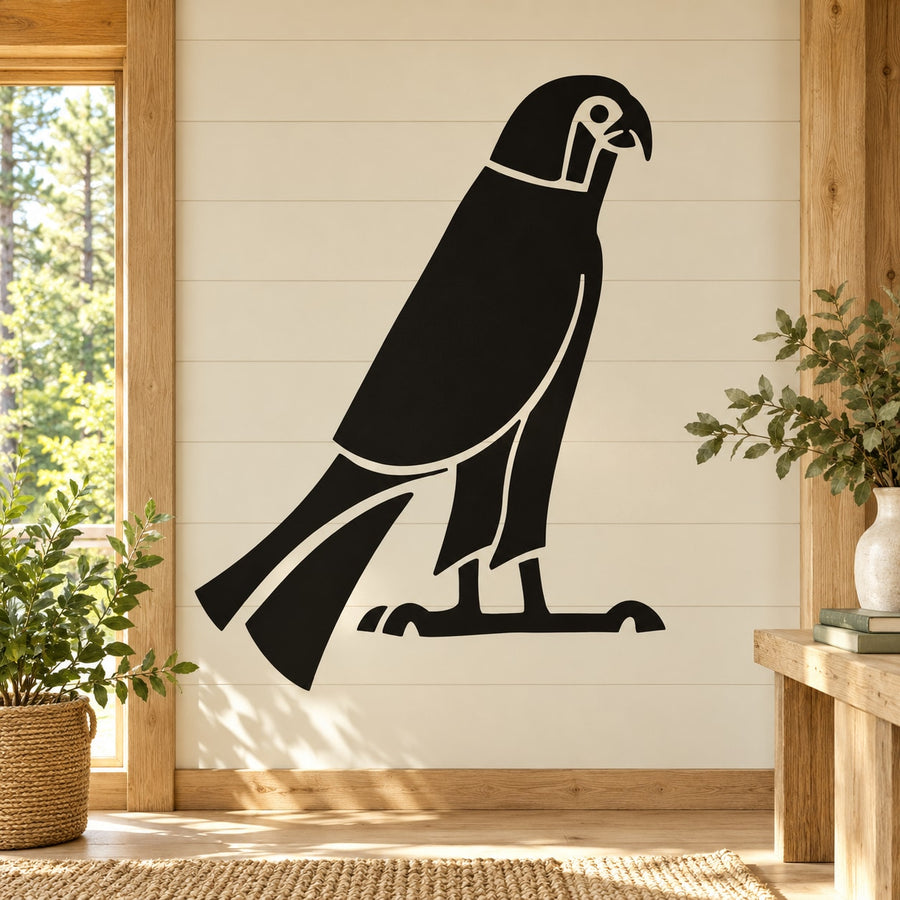 Horus falcon wall decal, black bird silhouette with wings spread and beak detail