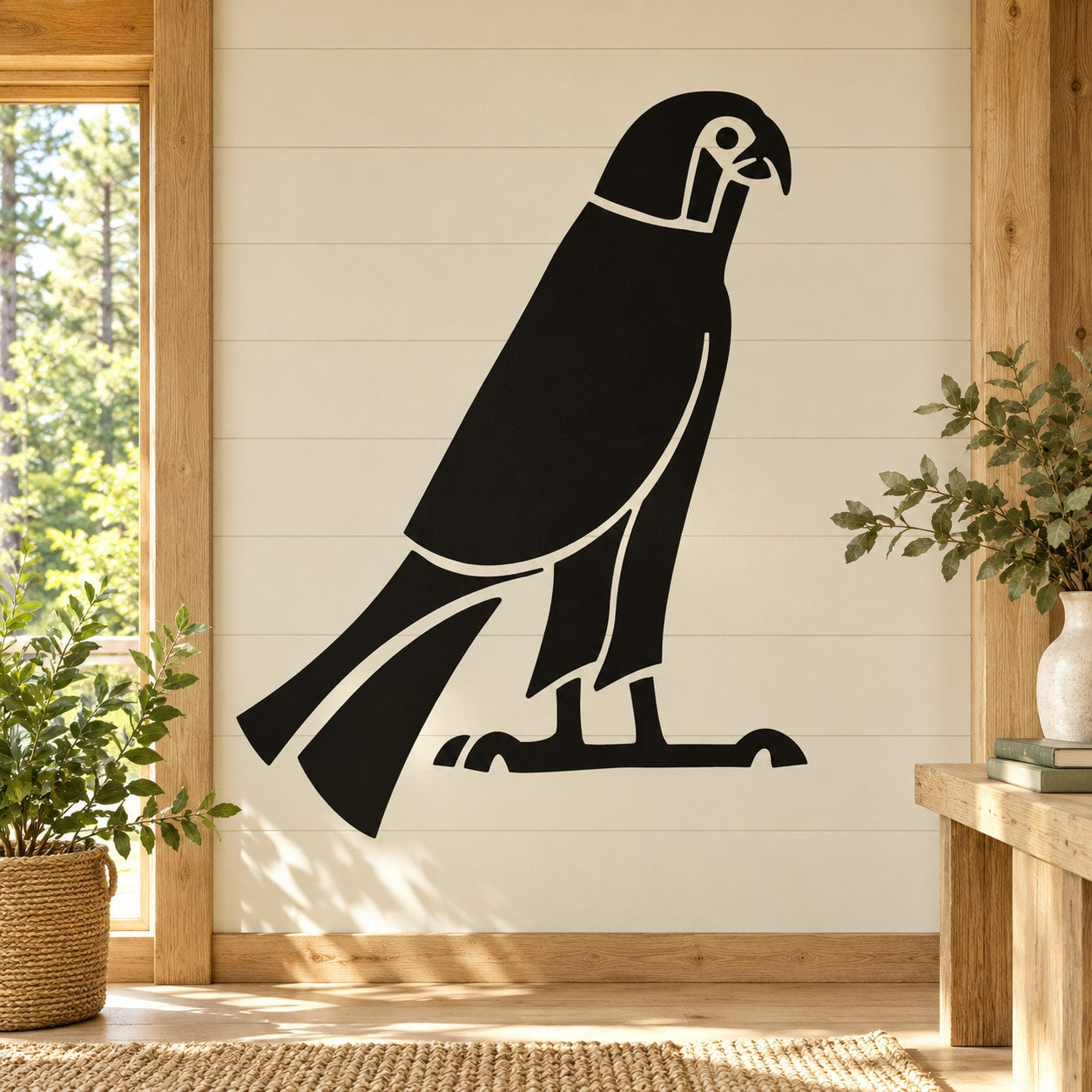 Horus falcon wall decal, black bird silhouette with wings spread and beak detail