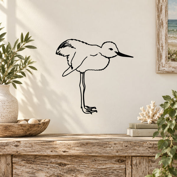 Balancing shore bird chick wall decal, black line art