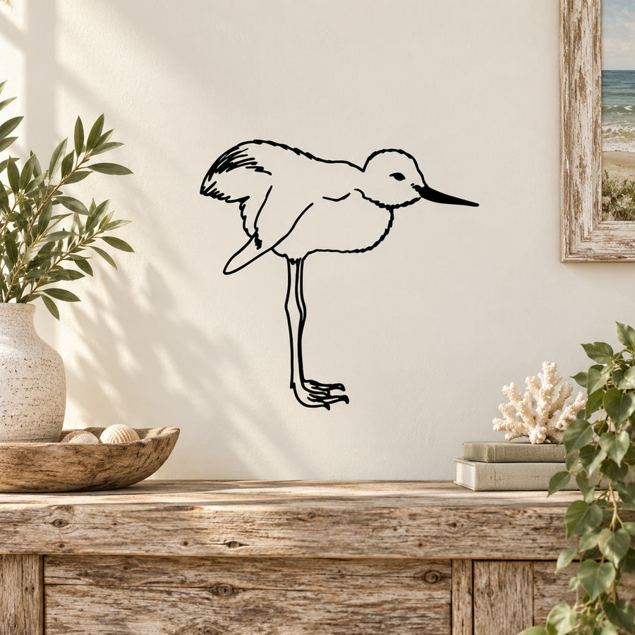 Balancing shore bird chick wall decal, black line art