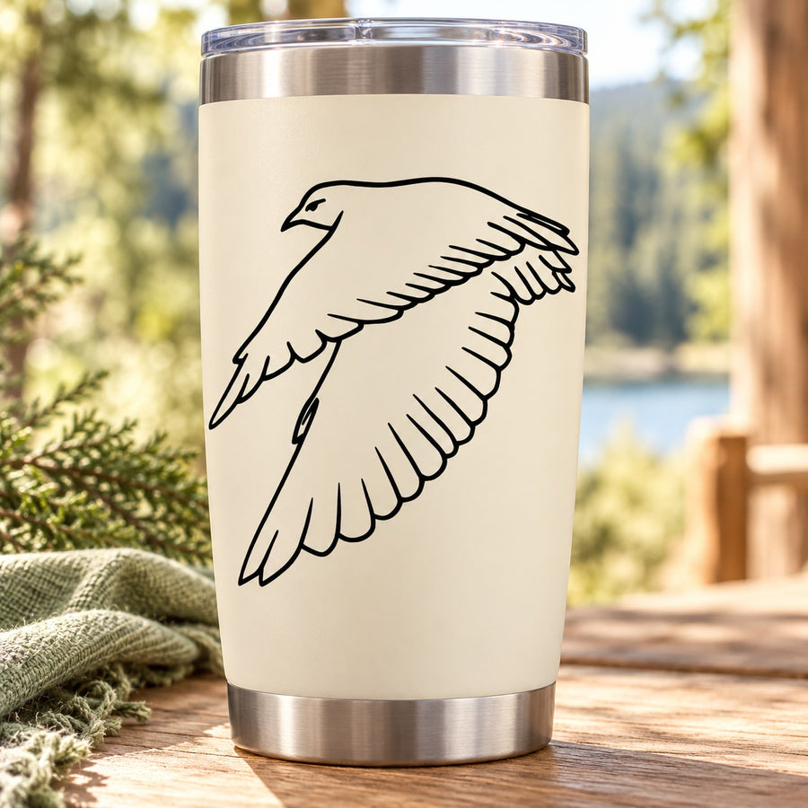 Cream tumbler with black flapping falcon wings decal, cylindrical stainless lid