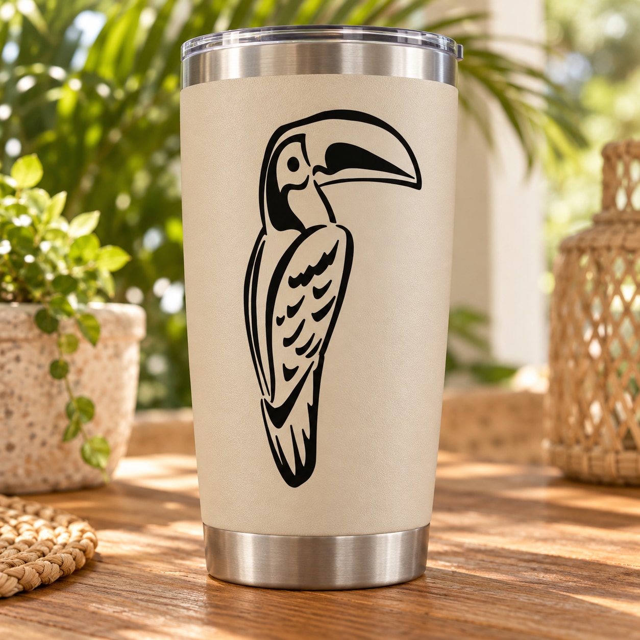 Insulated tumbler with black toucan decal