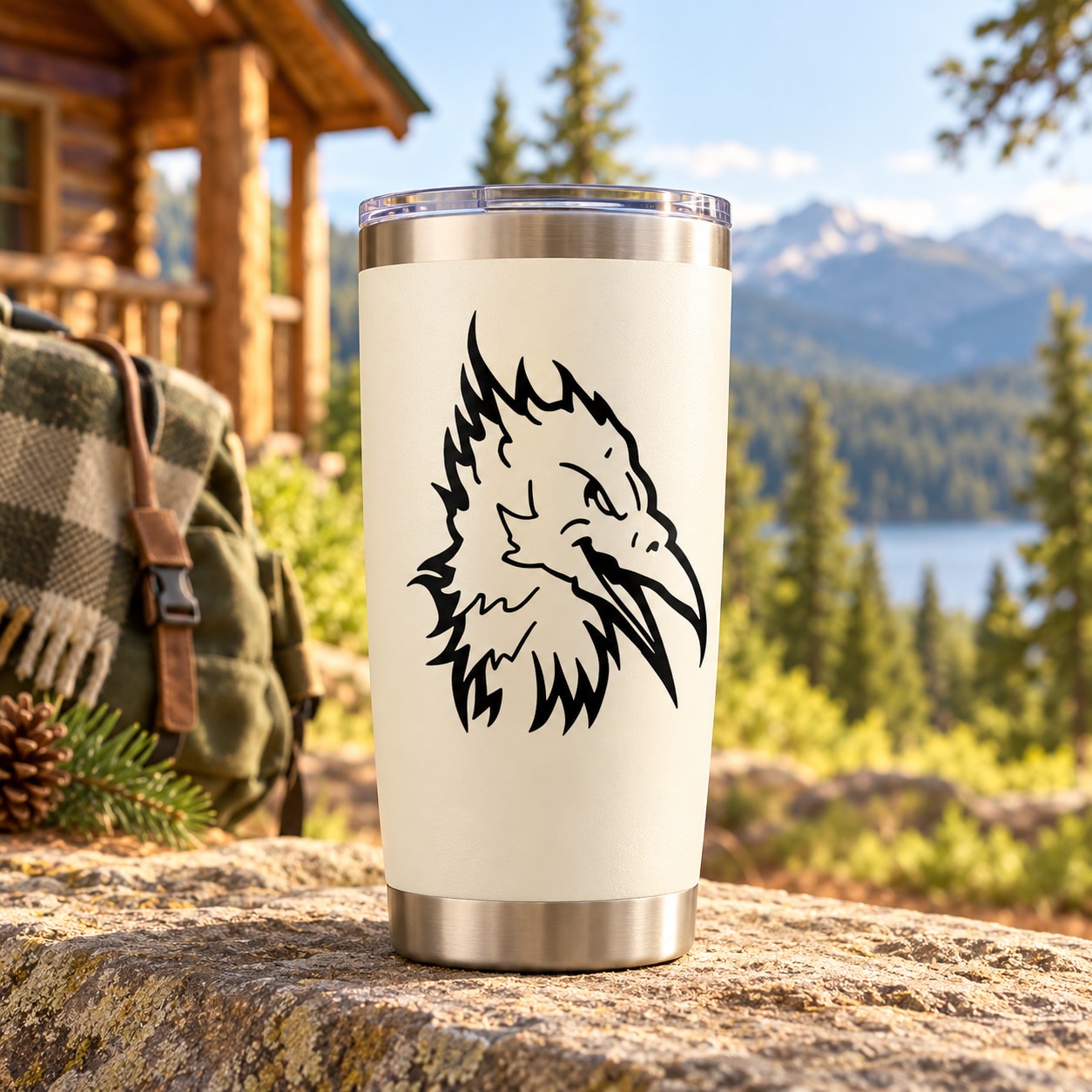 Stainless steel tumbler with black smirking eagle head decal
