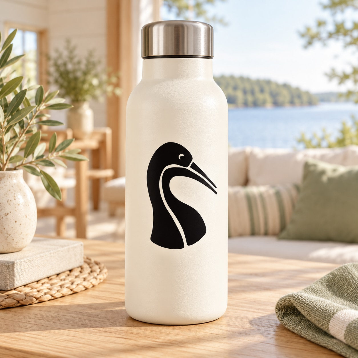 Water bird head decal with black bird silhouette on white bottle