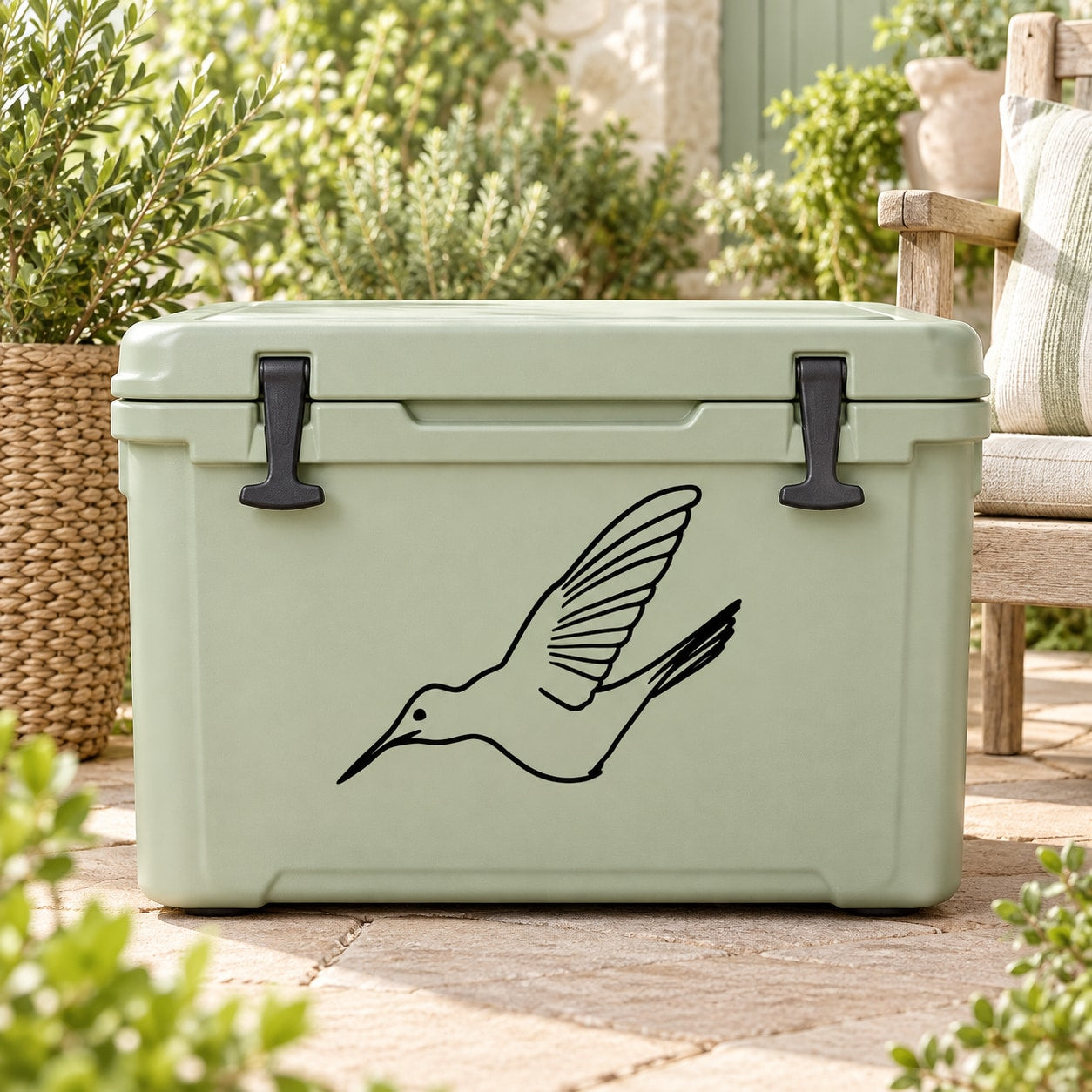 Diving hummingbird decal in black line art with spread wings