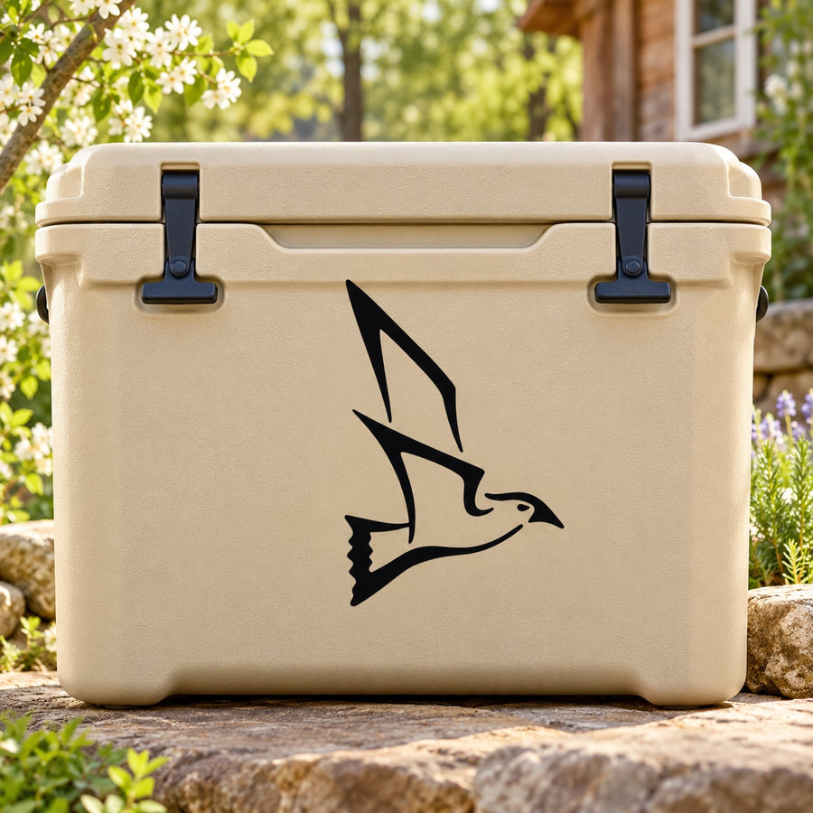 Light tan cooler with black flying cockatiel decal