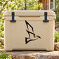 Light tan cooler with black flying cockatiel decal