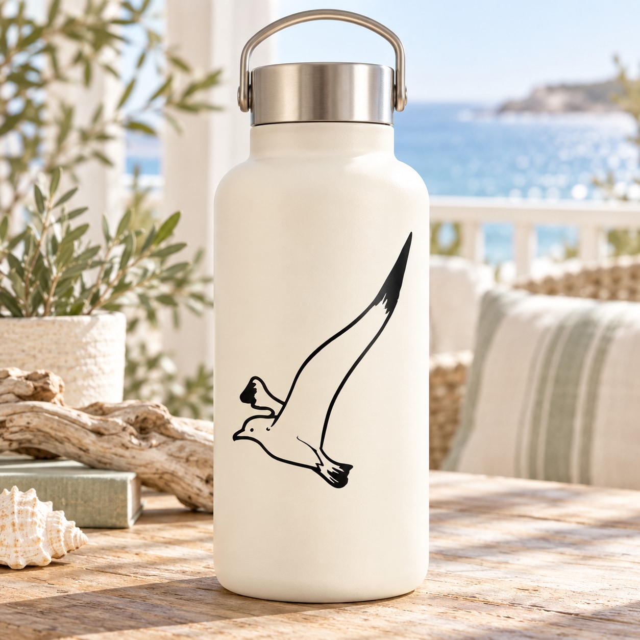 White water bottle with black flapping seagull decal
