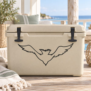 Flying seagull outline decal on light beige bag with black clip accents