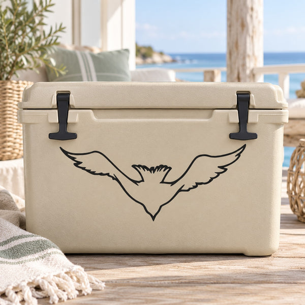Flying seagull outline decal on light beige bag with black clip accents