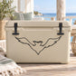 Flying seagull outline decal on light beige bag with black clip accents