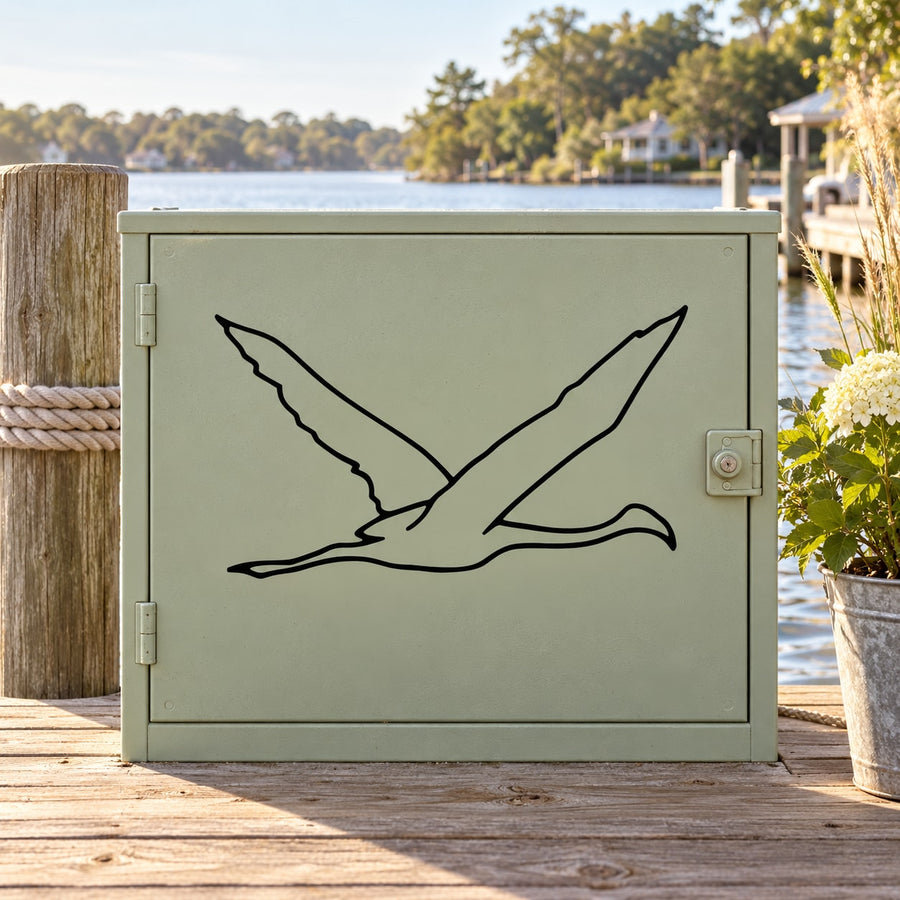 Stork striding bird line-art decal with peaceful flying design