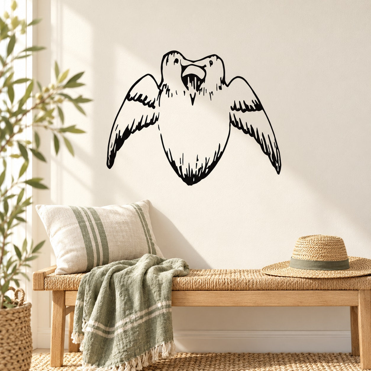 Black dove with open wings and heart detail wall decal