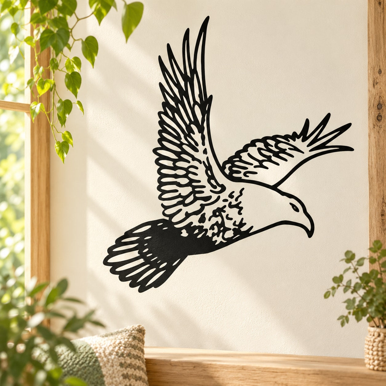 Flying falcon wall decal with black silhouette and outstretched wings