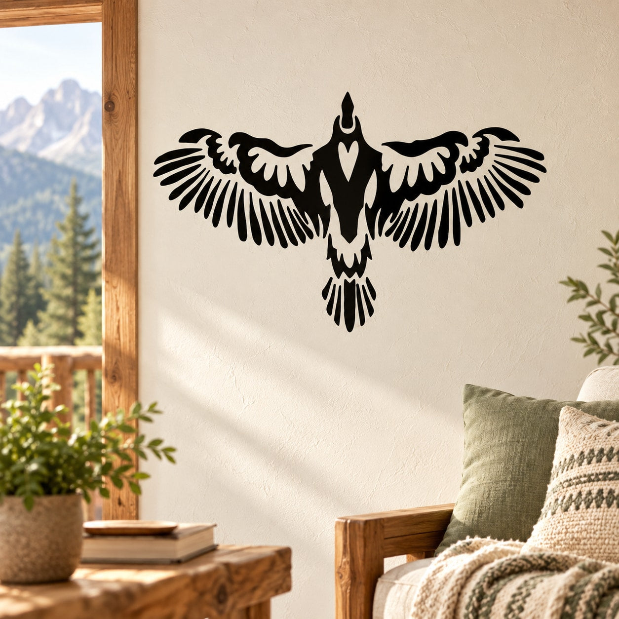 Open-wing hawk wall decal with intricate black cutout design