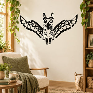 Black geometric owl wall decal with wings spread and patterned body